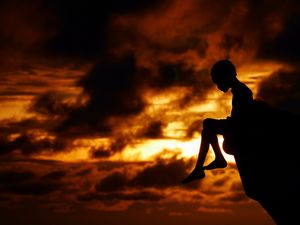 Preview wallpaper child, silhouette, cliff, think, sky, clouds