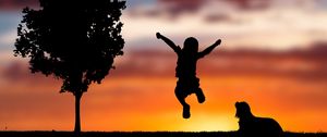 Preview wallpaper child, silhouette, jump, happiness, dog, sunset