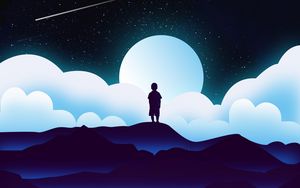 Preview wallpaper child, silhouette, space, clouds, moon, vector