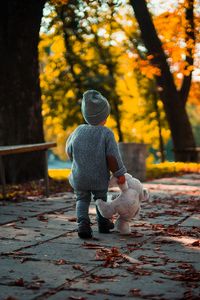 Preview wallpaper child, teddy bear, autumn, walk