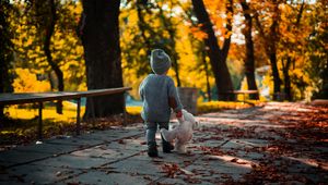 Preview wallpaper child, teddy bear, autumn, walk