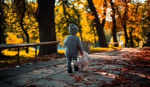 Preview wallpaper child, teddy bear, autumn, walk