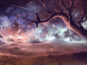 Preview wallpaper child, tree, loneliness, review, art