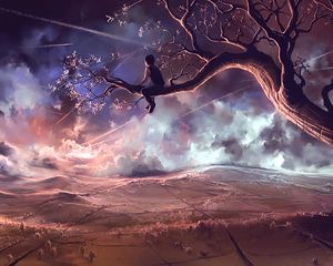 Preview wallpaper child, tree, loneliness, review, art