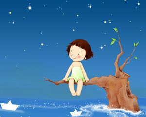 Preview wallpaper child, water, branch, boat