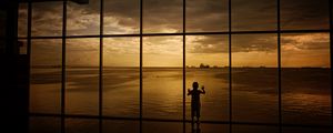 Preview wallpaper child, window, silhouette, sea, clouds, sunset