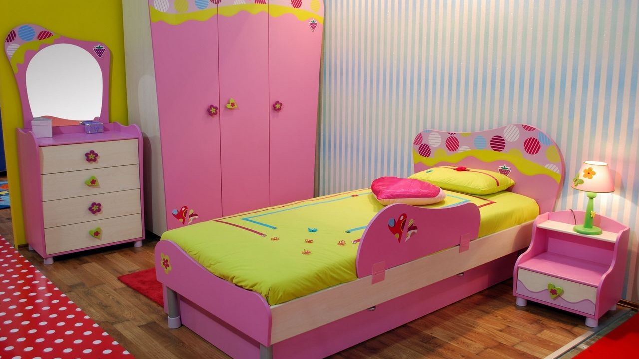 Wallpaper children, design, mirror, interior, room, bed, lamp, pillow