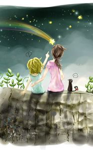 Preview wallpaper children, drawing, girl, stars, sky