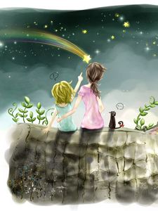 Preview wallpaper children, drawing, girl, stars, sky