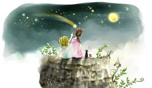 Preview wallpaper children, drawing, girl, stars, sky