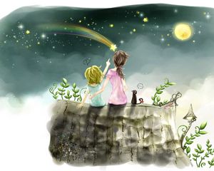 Preview wallpaper children, drawing, girl, stars, sky