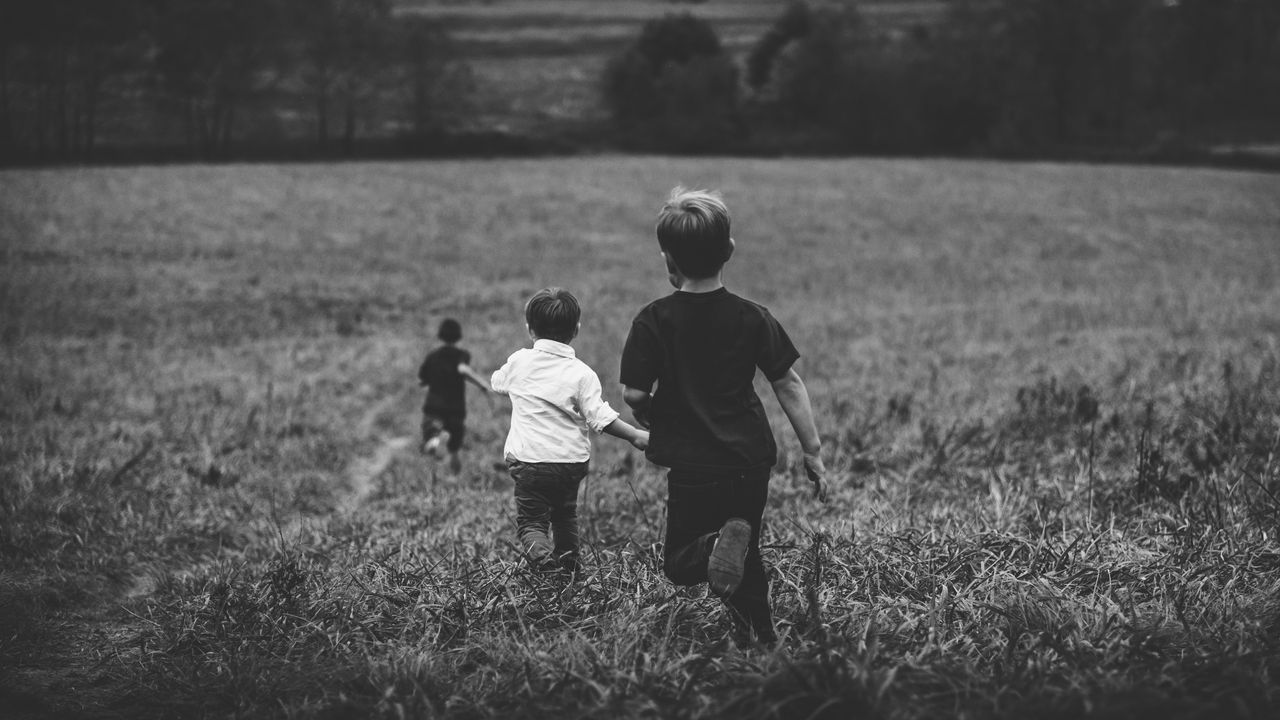 Wallpaper children, field, bw, run