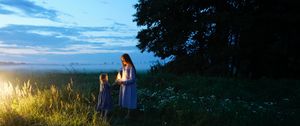 Preview wallpaper children, field, sunset, lamp, childhood