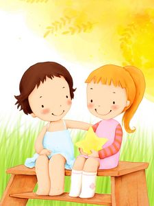 Preview wallpaper children, girls, smile, star, flowers, grass, tree, foliage