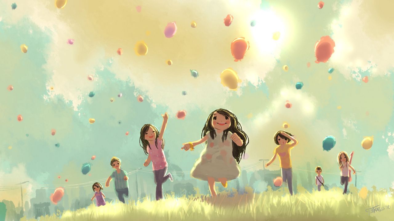 Wallpaper children, jump, run, grass, holiday, balloons
