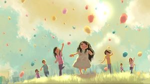 Preview wallpaper children, jump, run, grass, holiday, balloons