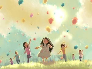 Preview wallpaper children, jump, run, grass, holiday, balloons