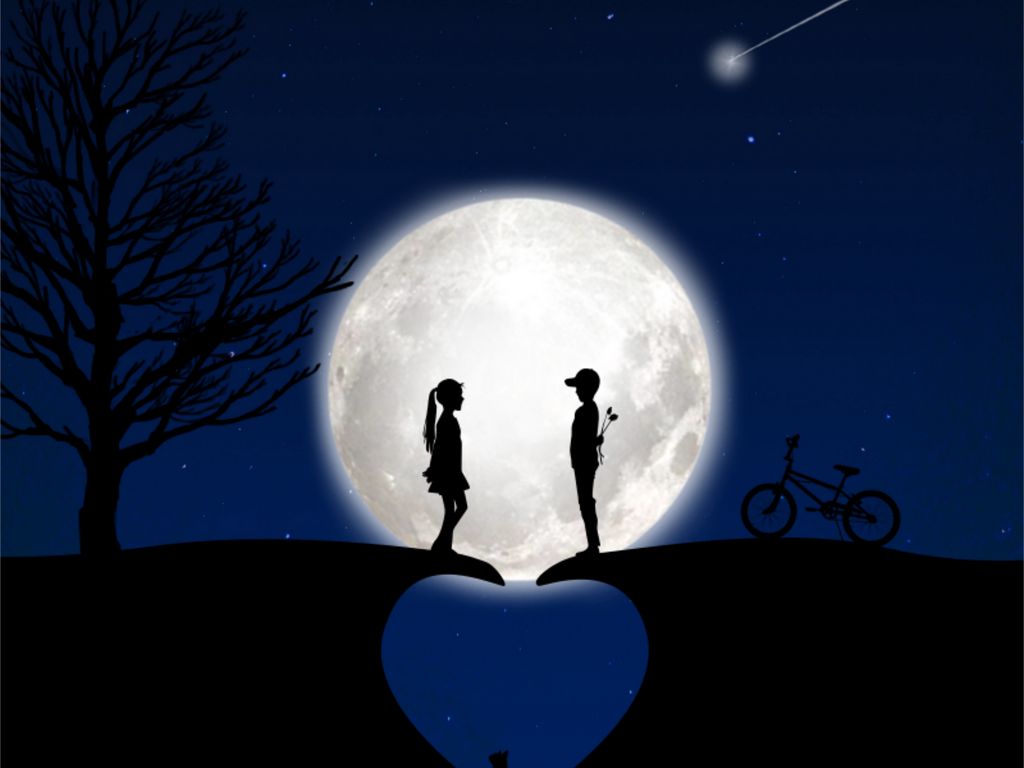1024x768 Wallpaper children, silhouettes, love, moon, romance