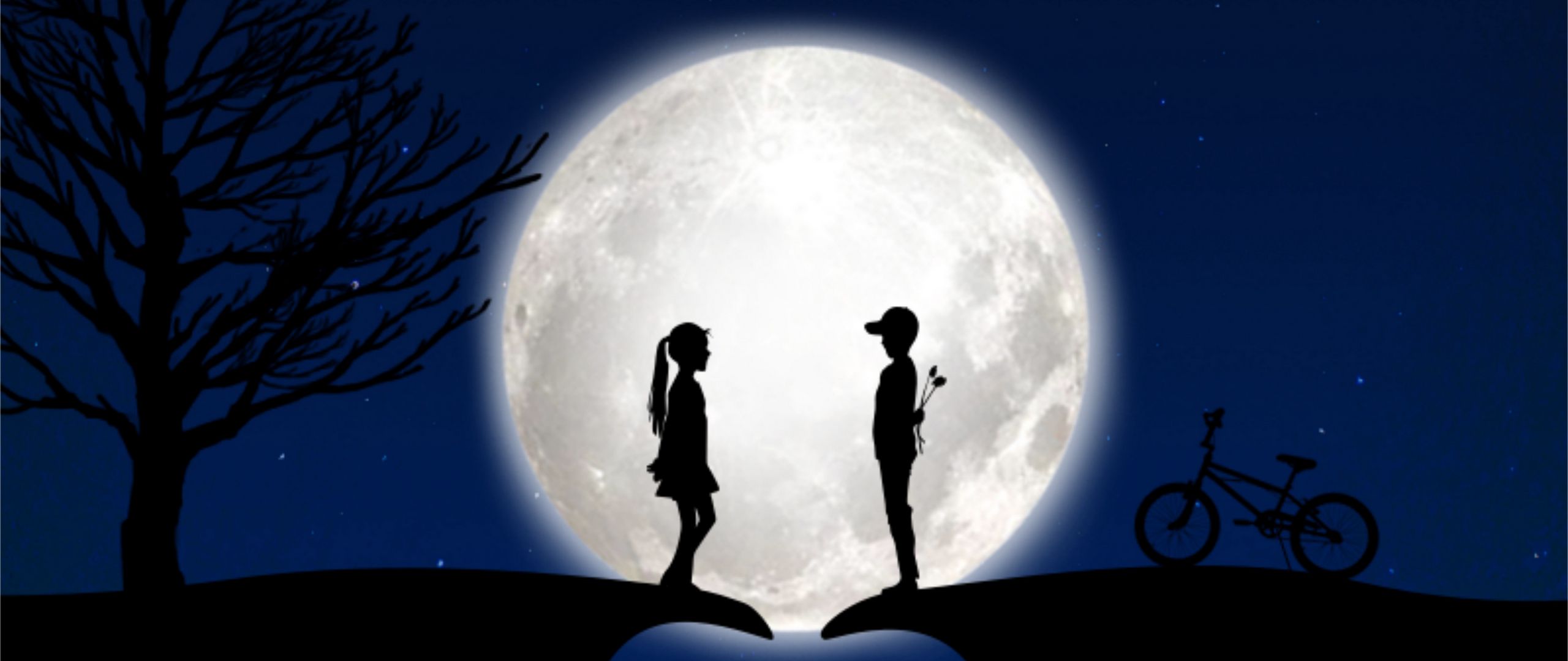 2560x1080 Wallpaper children, silhouettes, love, moon, romance