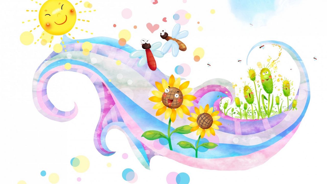 Wallpaper children, sun, butterflies, flowers, smiles, curl