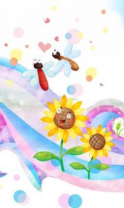 Preview wallpaper children, sun, butterflies, flowers, smiles, curl