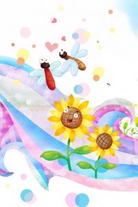 Preview wallpaper children, sun, butterflies, flowers, smiles, curl