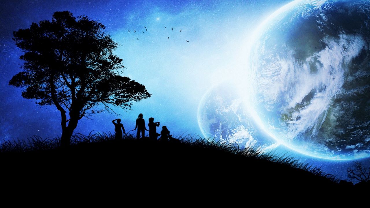 Wallpaper children, tree, silhouettes, planets, birds