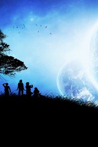Preview wallpaper children, tree, silhouettes, planets, birds