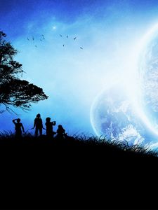 Preview wallpaper children, tree, silhouettes, planets, birds