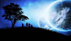 Preview wallpaper children, tree, silhouettes, planets, birds