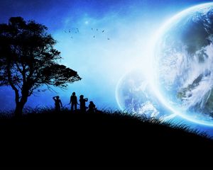 Preview wallpaper children, tree, silhouettes, planets, birds