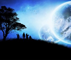 Preview wallpaper children, tree, silhouettes, planets, birds