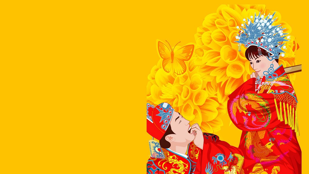 Wallpaper china, costume, couple, flowers, ceremony