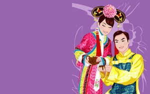 Preview wallpaper china, couple, girl, boy, smile, suit, tea party