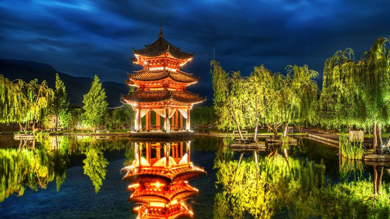 Wallpaper china, forest, lake, night, sky, pagoda