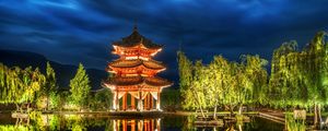 Preview wallpaper china, forest, lake, night, sky, pagoda