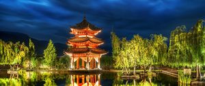 Preview wallpaper china, forest, lake, night, sky, pagoda