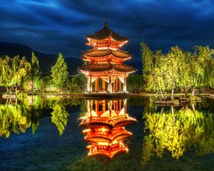 Preview wallpaper china, forest, lake, night, sky, pagoda