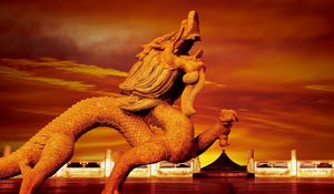 Preview wallpaper china, lion, beach, river, evening, sculpture