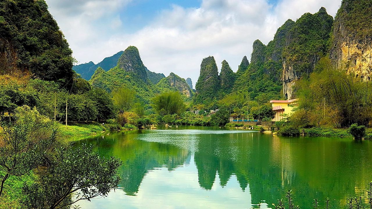 Wallpaper china, pond, coast, water, surface, mountains, woods