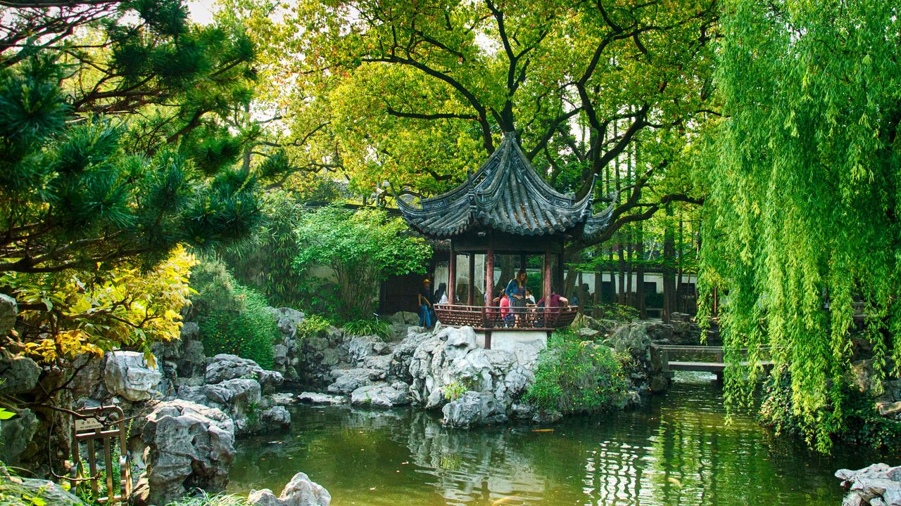 Wallpaper china, shanghai, pond, park, trees