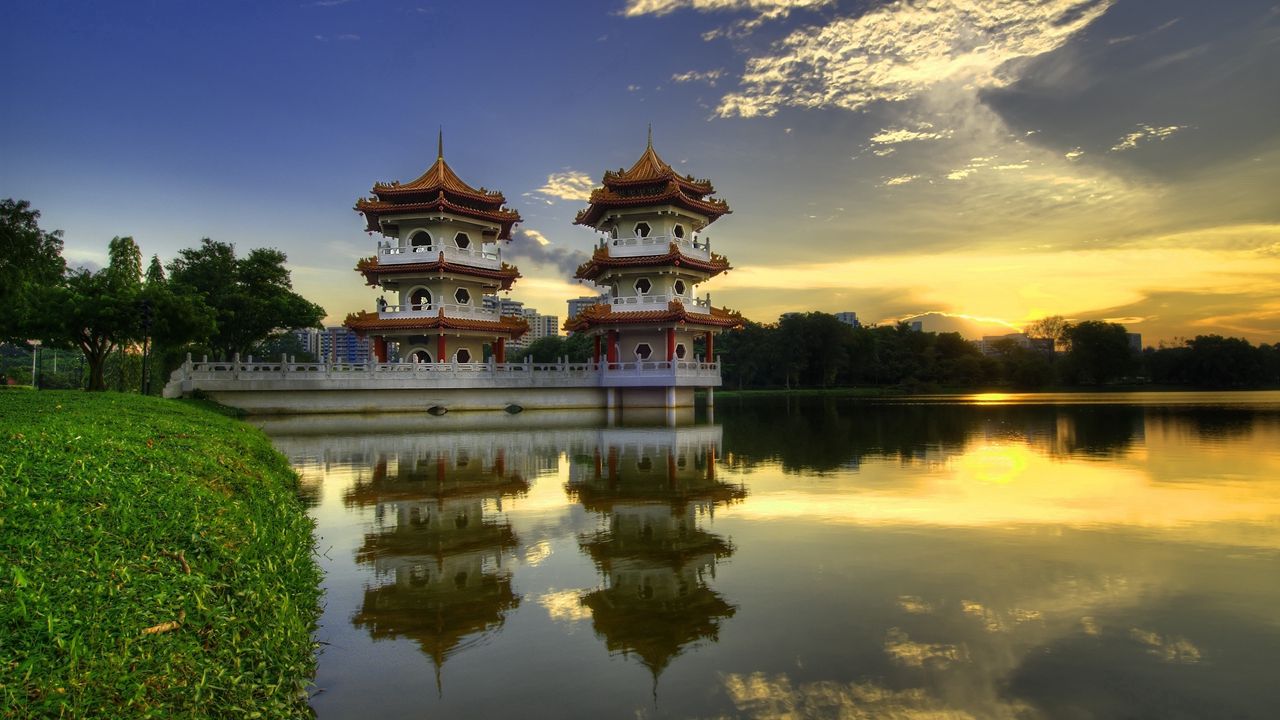 Wallpaper china, structures, architecture, lake, reflection, morning, coast