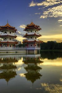 Preview wallpaper china, structures, architecture, lake, reflection, morning, coast