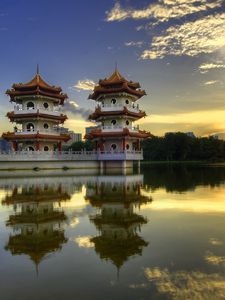 Preview wallpaper china, structures, architecture, lake, reflection, morning, coast