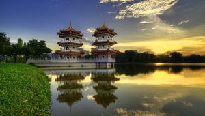 Preview wallpaper china, structures, architecture, lake, reflection, morning, coast