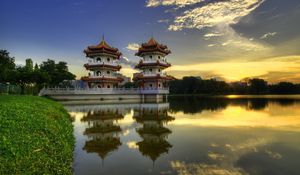 Preview wallpaper china, structures, architecture, lake, reflection, morning, coast