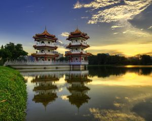 Preview wallpaper china, structures, architecture, lake, reflection, morning, coast