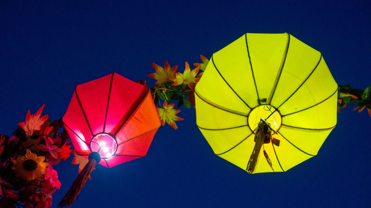 Wallpaper chinese lantern, flashlight, light, leaves