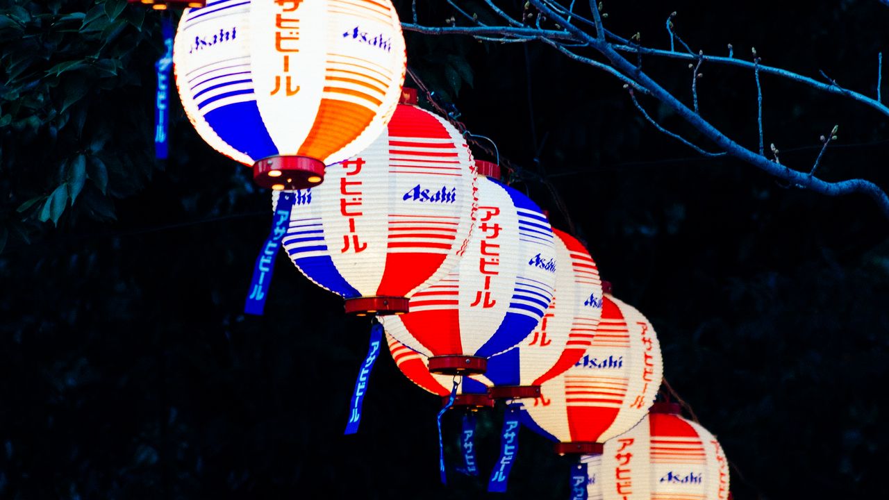 Wallpaper chinese lanterns, night, branches