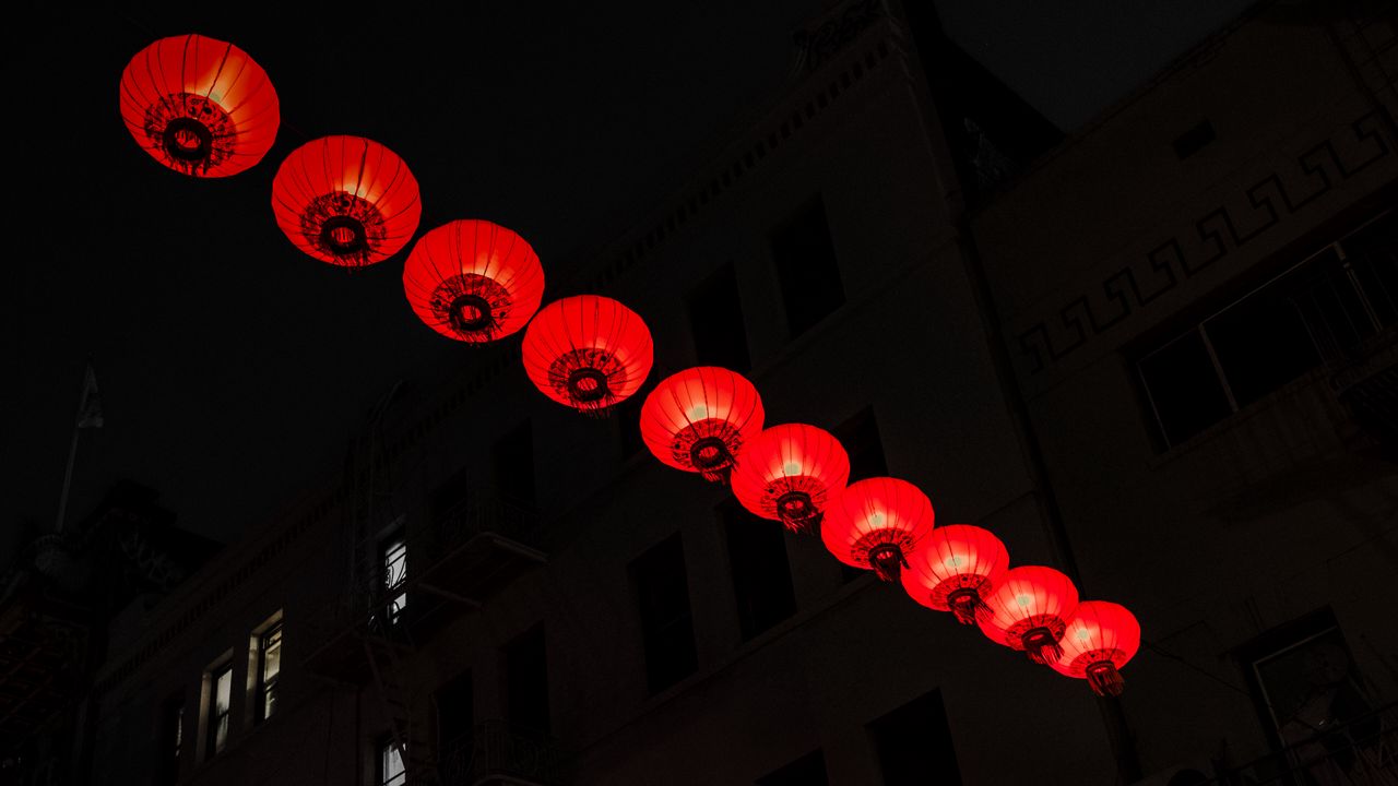 Wallpaper chinese lanterns, street, night, dark, red